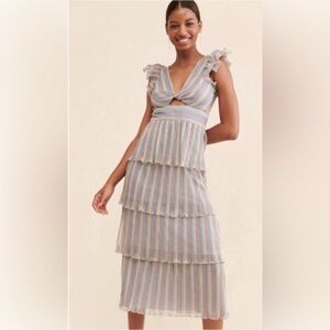 SAYLOR Lyla Metallic Rainbow Striped Tiered Midi Dress